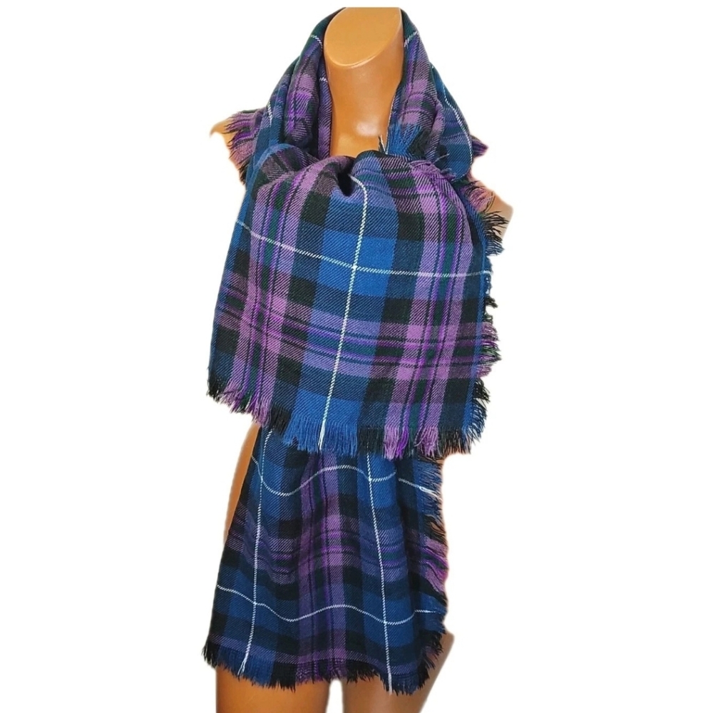 Fringed Blanket Wrap Scarf Purple Tartan Plaid Rectangular Sz 24/70 Preppy Boho - Picture 3 of 9